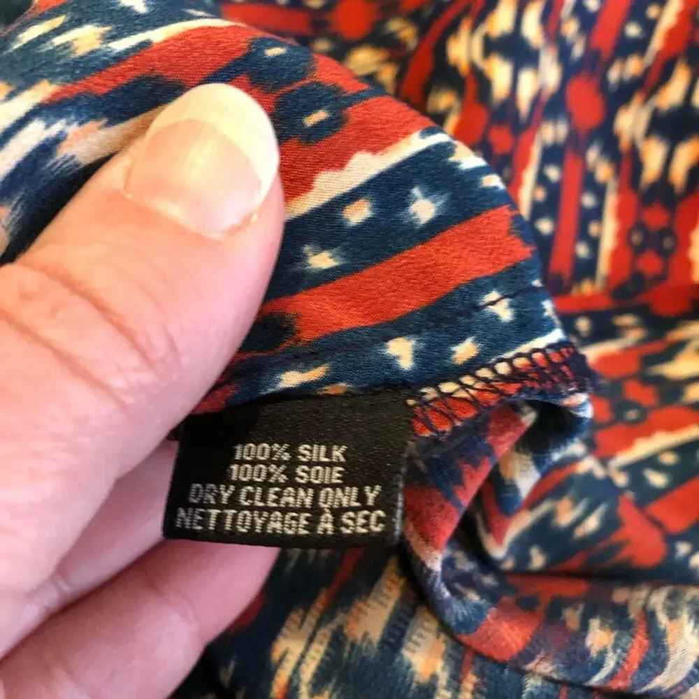 Tolani red blue orange graphic print silk shift dress size Medium